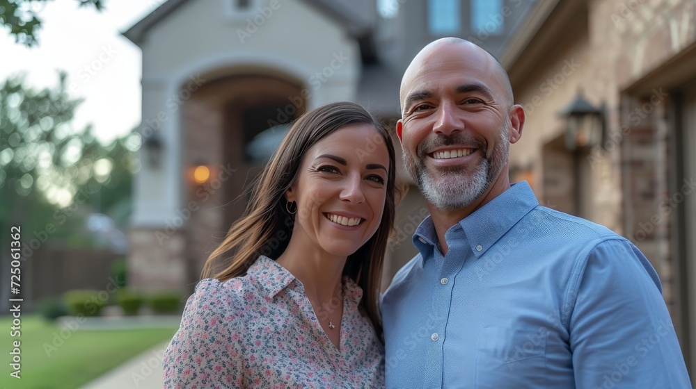 Man and woman real estate agents smiling in front of a home, or homeowners