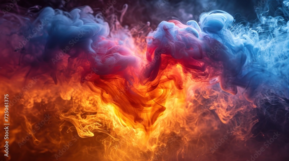 Fototapeta premium a multicolored cloud of smoke in the shape of a heart on a black background with a red, yellow, and blue smoke trail.