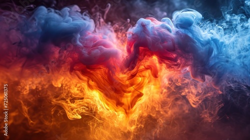  a multicolored cloud of smoke in the shape of a heart on a black background with a red, yellow, and blue smoke trail.