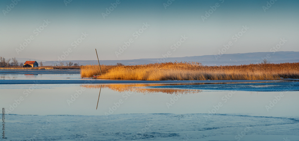 Calm water winter lake at sunrise with bulrush grass warmly lit by the rising sun and a rural hut in the background