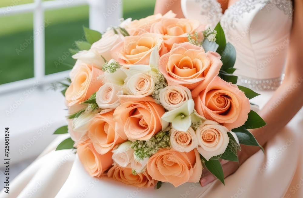 Obraz premium The bride holds a pastel peach colored wedding bouquet, Peach Fuzz