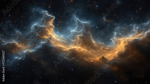  a computer generated image of a cluster of stars in the night sky, with a bright orange and blue cloud like structure in the center of the image. photo