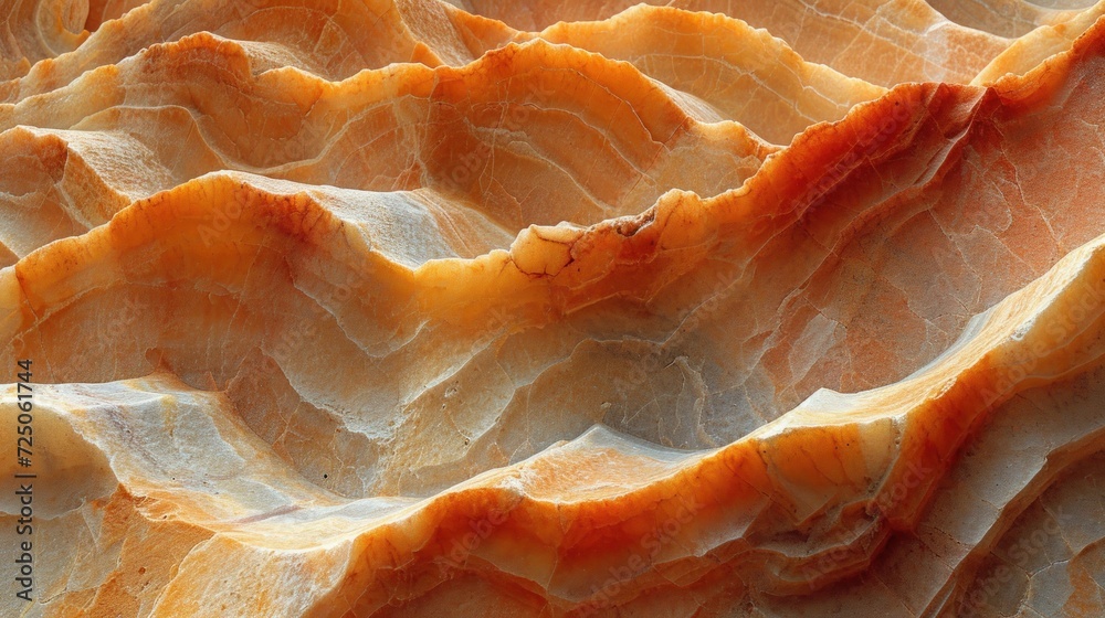 a close up of a rock formation with orange and white layers and a black spot in the middle of the image. a close up of a rock formation with orange and white layers and a black spot in the middle of the image.