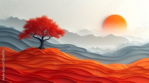 Modern paper-cut art  a lone pine tree in a field with mountains in background  minimalist vector painting 