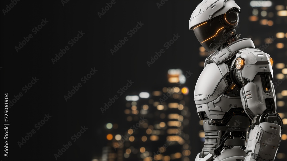 Fototapeta premium Futuristic robot with humanoid features against city backdrop