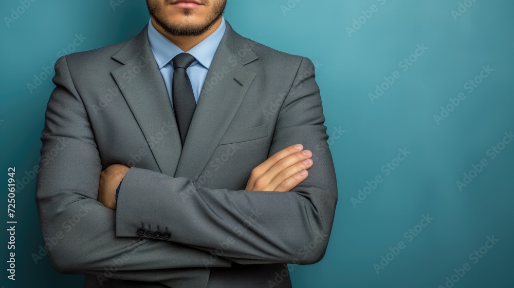 Professional businessman with crossed arms wearing a grey suit Professional businessman with crossed arms wearing a grey suit
