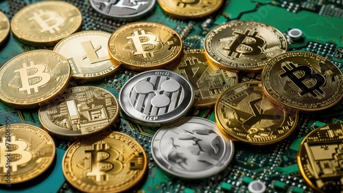 Various cryptocurrency coins spread over a circuit board