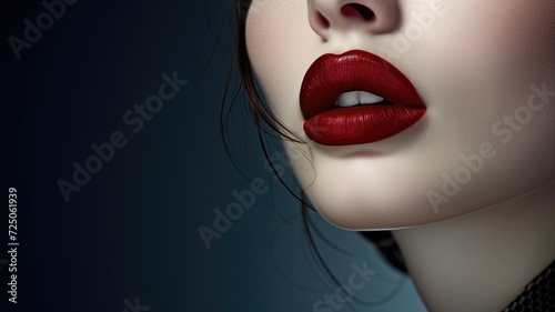 Close-up of a woman s face with vibrant red lipstick