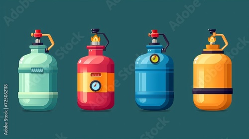 Gas cylinder container bottle, tank with dangerous liquid. Lpg propane bottle icon container. Oxygen gas cylinder canister fuel storage. Vector flat carton illustration of camping flammable canister