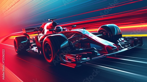 Formula One f1. Abstract vector 3d f 1 bolide racecar on speedway. Fast motion. Finish line. Success in competition, race winner, business win concept. Auto sport, fast automobile symbol photo