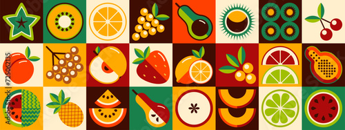 Autumn fruits mosaic pattern. Scandinavian geometric style. Eco agriculture concept. Wallpaper abstraction.