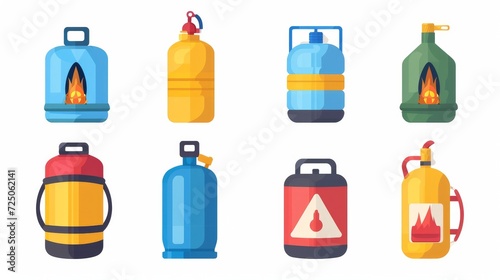 Gas cylinder container bottle, tank with dangerous liquid. Lpg propane bottle icon container. Oxygen gas cylinder canister fuel storage. Vector flat carton illustration of camping flammable canister photo