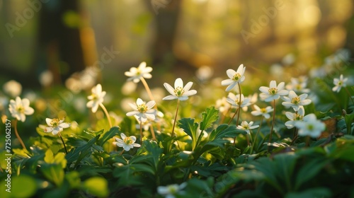  a bunch of small white flowers growing in a field of green grass with sunlight shining through the trees in the background.