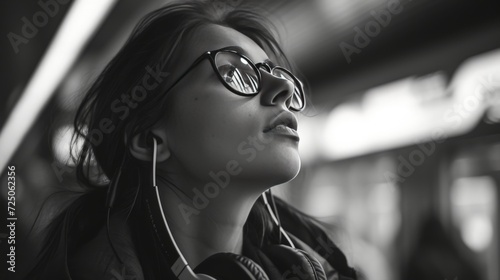 young woman listening to music on headphones photo