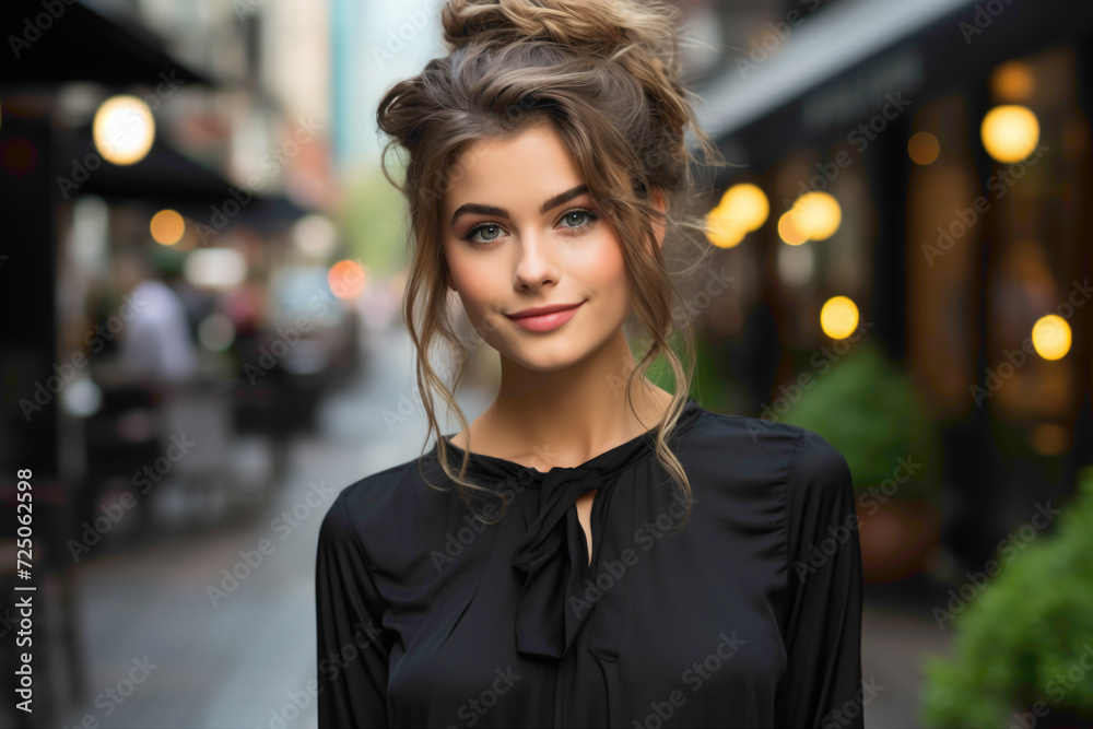 A female model with an elegant and modern hairstyle, dressed in casual-chic clothing, captured in a lively city street setting.