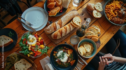  a wooden table topped with bowls of food and plates of bread and other foods on top of a wooden table.