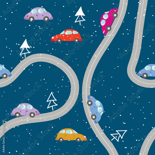 Seamless pattern with cute cars on blue background. Cartoot transport. Vector illustration. Doodle style. Design for baby print, invitation, poster, card, fabric, textile