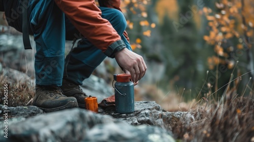 hiker reaches for a canister of survival supplies