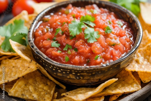 red salsa surrounded by tortilla chips, 
