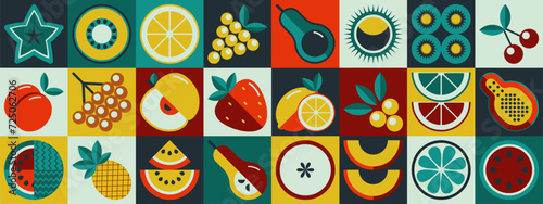 Spring fruits mosaic pattern. Scandinavian geometric style. Eco agriculture concept. Modern abstraction.