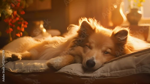 A fluffy collie dog is peacefully resting sleeping napping in a sunlit room with a warm glow highlighting its fur photo