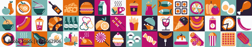 Set of food and drinks icons. Abstract geometric pattern. Mosaic style. Vector illustration