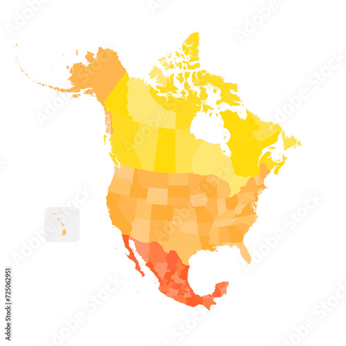 Political map of North American countries Canada, United States of America and Mexico with administrative divisions. Colorful blank map. Vector illustration