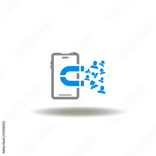 Vector illustration of smartphone with magnet and people or customer magnetized. Icon of client retention. Symbol of customer acqusition. Sign of marketing strategy. photo