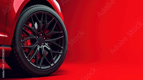 Modern car wheel with a disk on a red background and engine oil. Advertising poster. Car tires.Advertising banner for the sale. Black rubber tire. Landscape poster, flyer, booklet brochure design photo