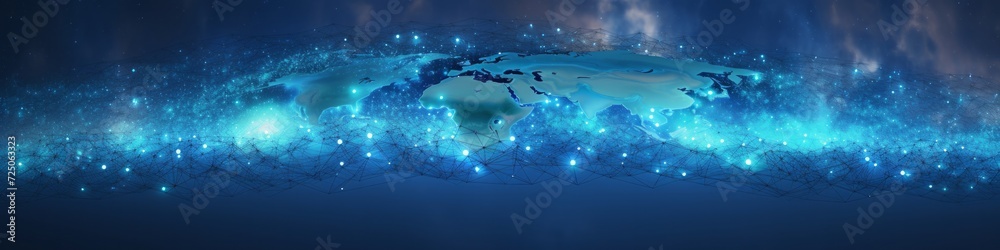 Global communications themed Banner background, of planet earth linked by high-tech forms of communication, making planet better for trade links.   - obrazy, fototapety, plakaty 