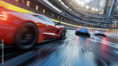 Motorsport cars racing on race track with motion blur background, cornering scene. 3D Rendering © Orxan