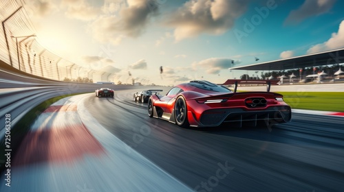 Motorsport cars racing on race track with motion blur background, cornering scene. 3D Rendering photo