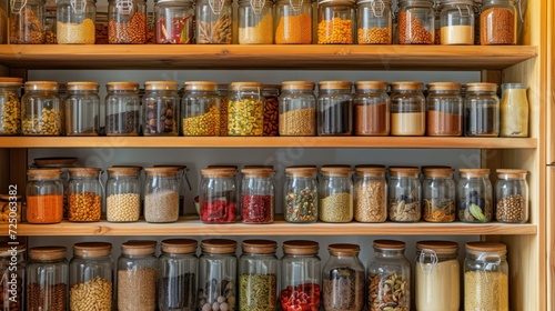 Neatly organized labeled food pantry in a home kitchen with spices grains flour rice sugar nuts photo