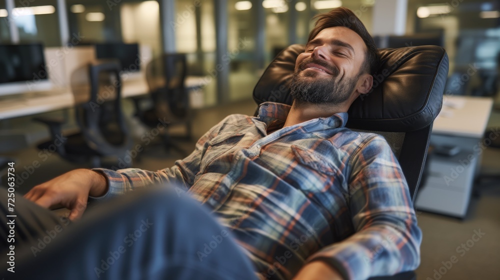 Relaxed man in a checkered shirt reclining in an office chair Relaxed man in a checkered shirt reclining in an office chair