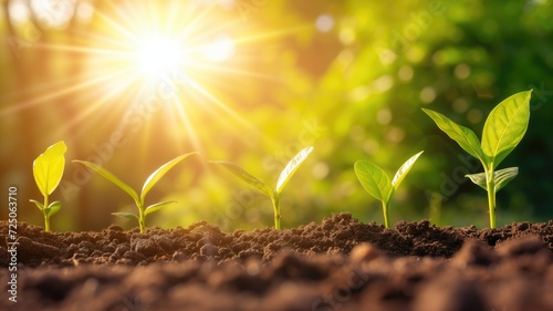 Young plant seedlings in soil basking in the sunlight, growth concept