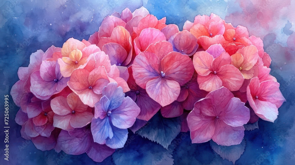 Fototapeta premium a painting of pink and purple flowers on a blue and pink watercolored background, with space for text.