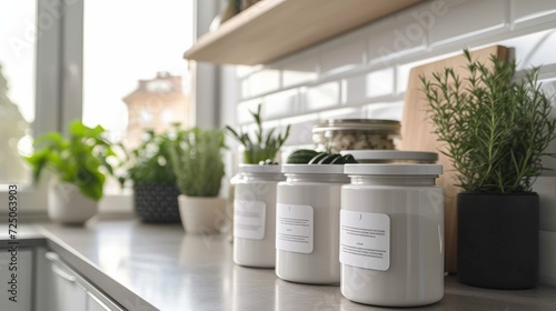 Plastic Canister On Kitchen Counter With Labels photo