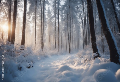 Low angle winter forest landscape blurry background with snow trees and snowfall with sun rays