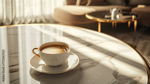 A cup of coffee in an elegant  luxurious and contemporary setting.