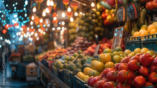 Colorful fruit stalls lit by festive lights in a bustling market