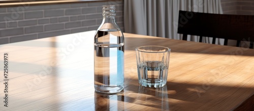 Board with bottle of water, glass and napkin.