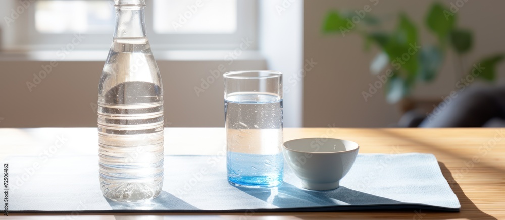 Board with bottle of water, glass and napkin.