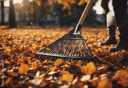 Person rake leaves in a big autumn garden photo