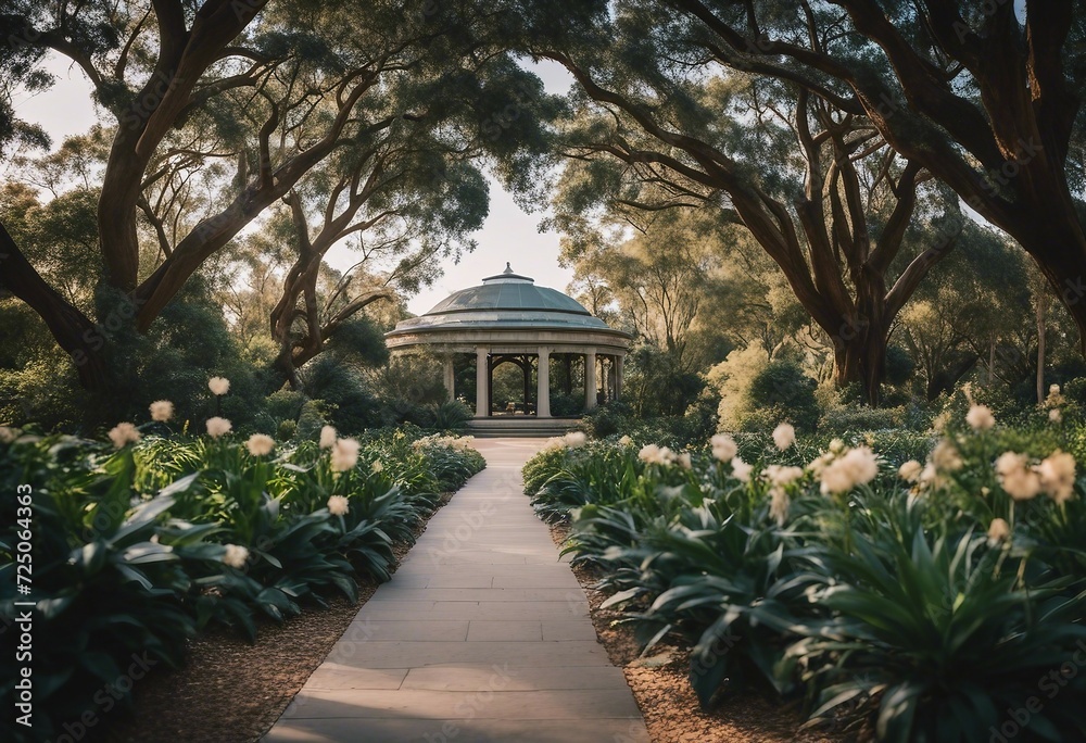 Botanical garden with white flowers and path to royal building in circle shape