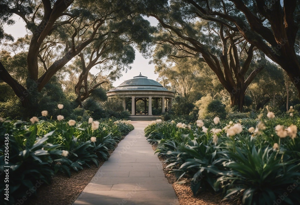 Obraz premium Botanical garden with white flowers and path to royal building in circle shape