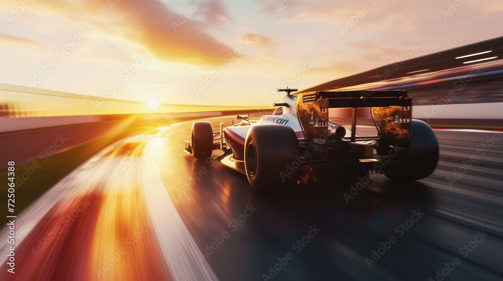 Race driver pass the finishing point and motion blur background. 3D rendering - obrazy, fototapety, plakaty 