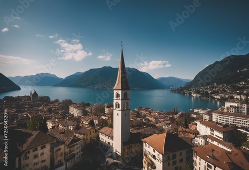 Scenic cityscape of Lugano with Cathedral of Saint Lawrence bell tower and lake view and dramatic li
