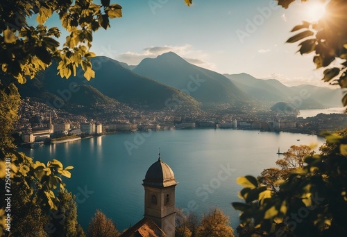 Cathedral bell tower and lake panorama view with city and mountains behind