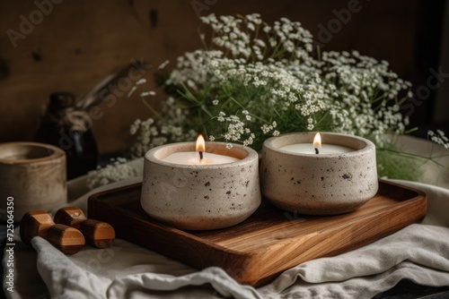 On a wooden platform  scented candles in a flowerpot. Candle made of soy and gypsophila sprig