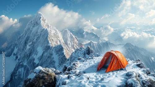 An orange tent stands out against the snowy mountain peak, signifying adventure